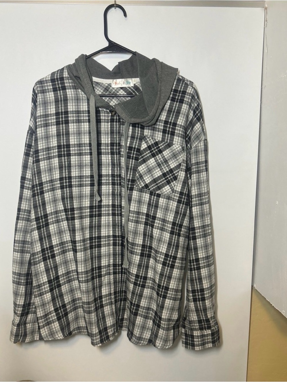 Plaid Hooded Button-Down Shirt - Gray/Black